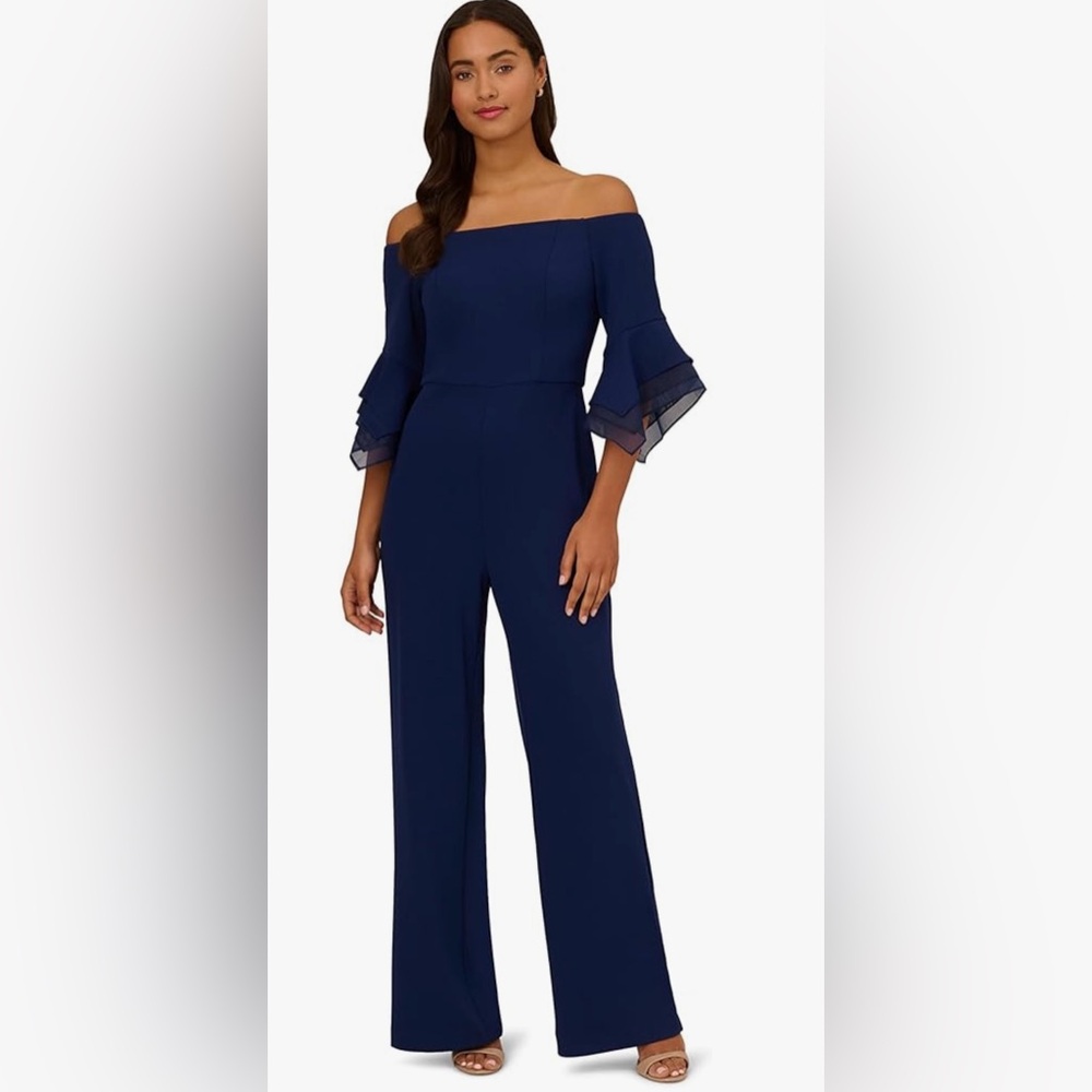Adrianna Papell womens Organza Crepe Jumpsuit Navy Blue Size 10 NWOT